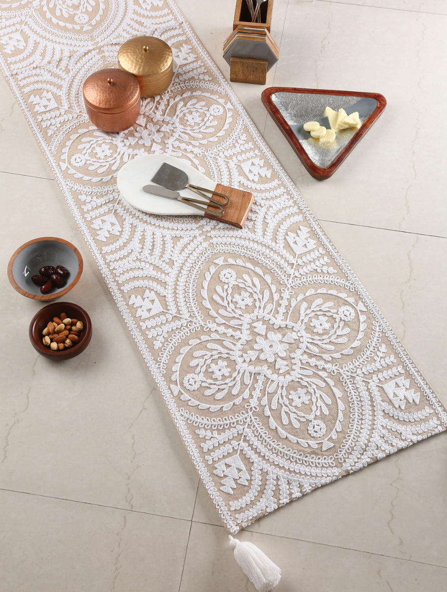 Mehrab Embroidered Table Runner With White Embroidery And Tassles On Beige Cotton