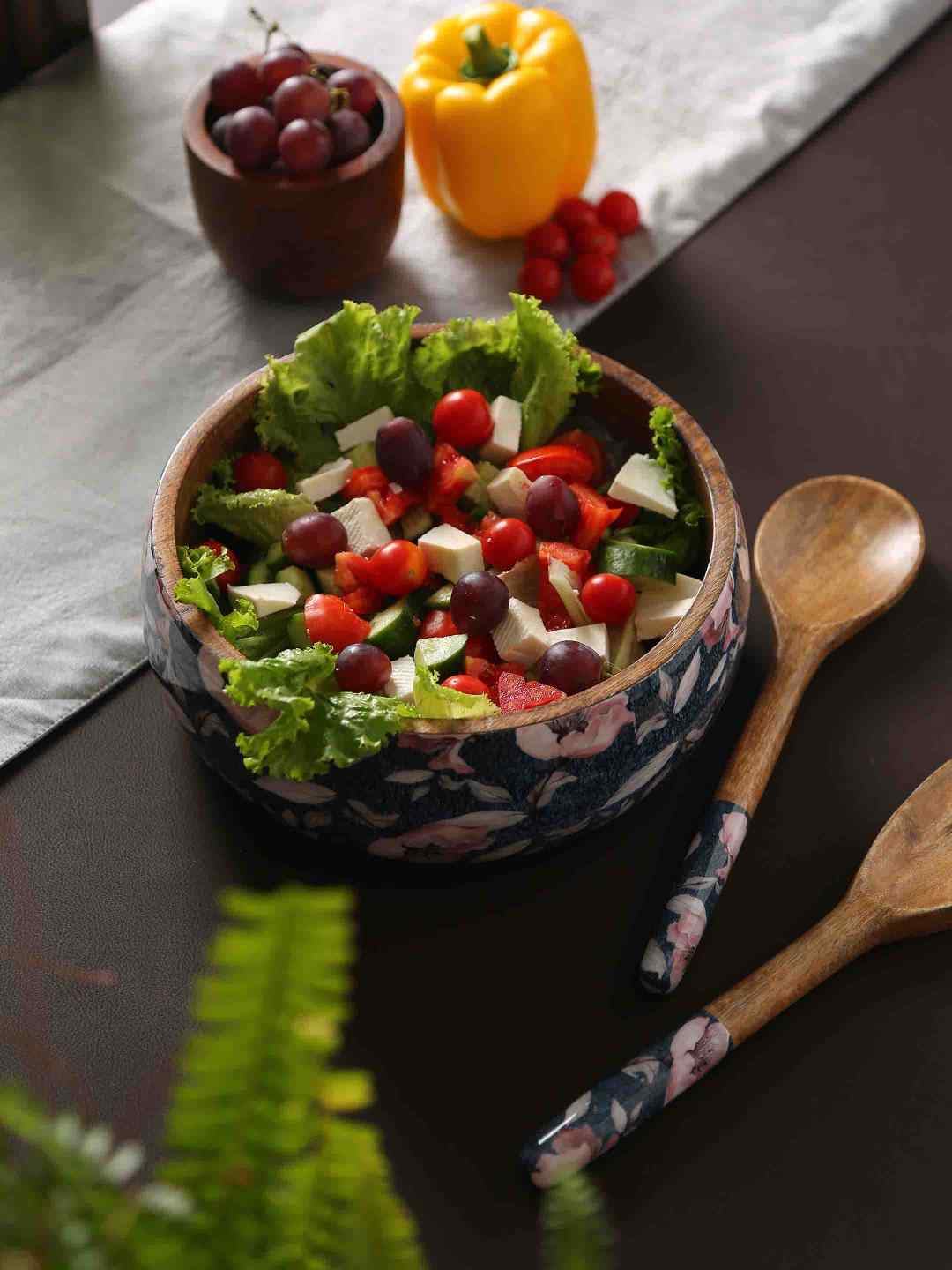 Blue Salad Bowl With Flower Design