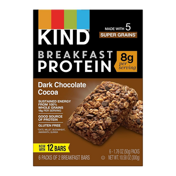 KIND Breakfast, Healthy Snack Bar, Dark Chocolate Cocoa, Gluten Free Breakfast Bars, 8g Protein, 1.76 OZ Packs (6 Count)