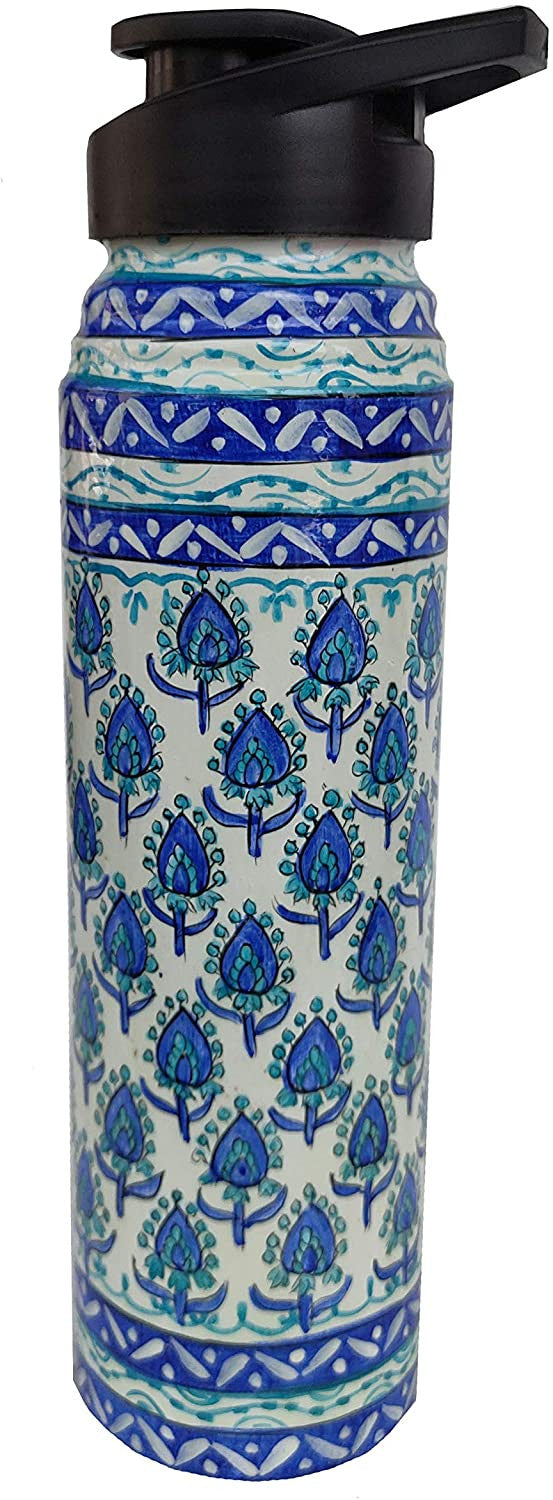 Copper Water Bottle Hand Painted Blue Pottery Design