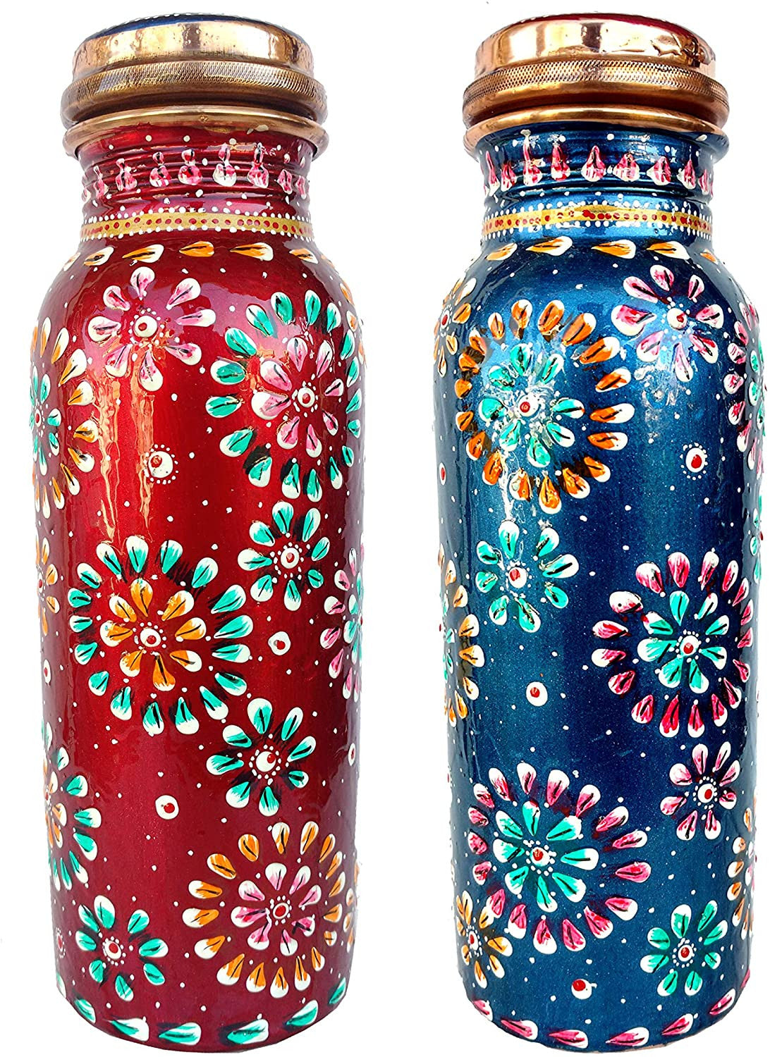 Blue & Red Hand Painted Copper Bottle Set Of 2