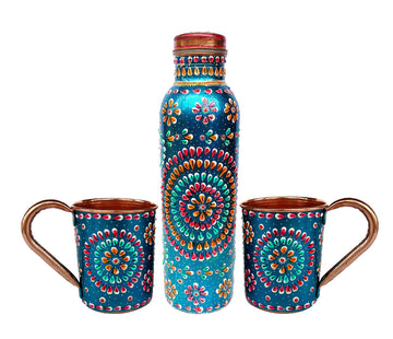 Handmade Copper Turqouise Hand Painted Water Bottle And 2 Mugs