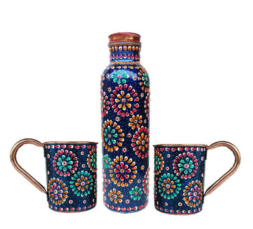 Handmade Copper Blue Hand Painted Water Bottle And Mugs