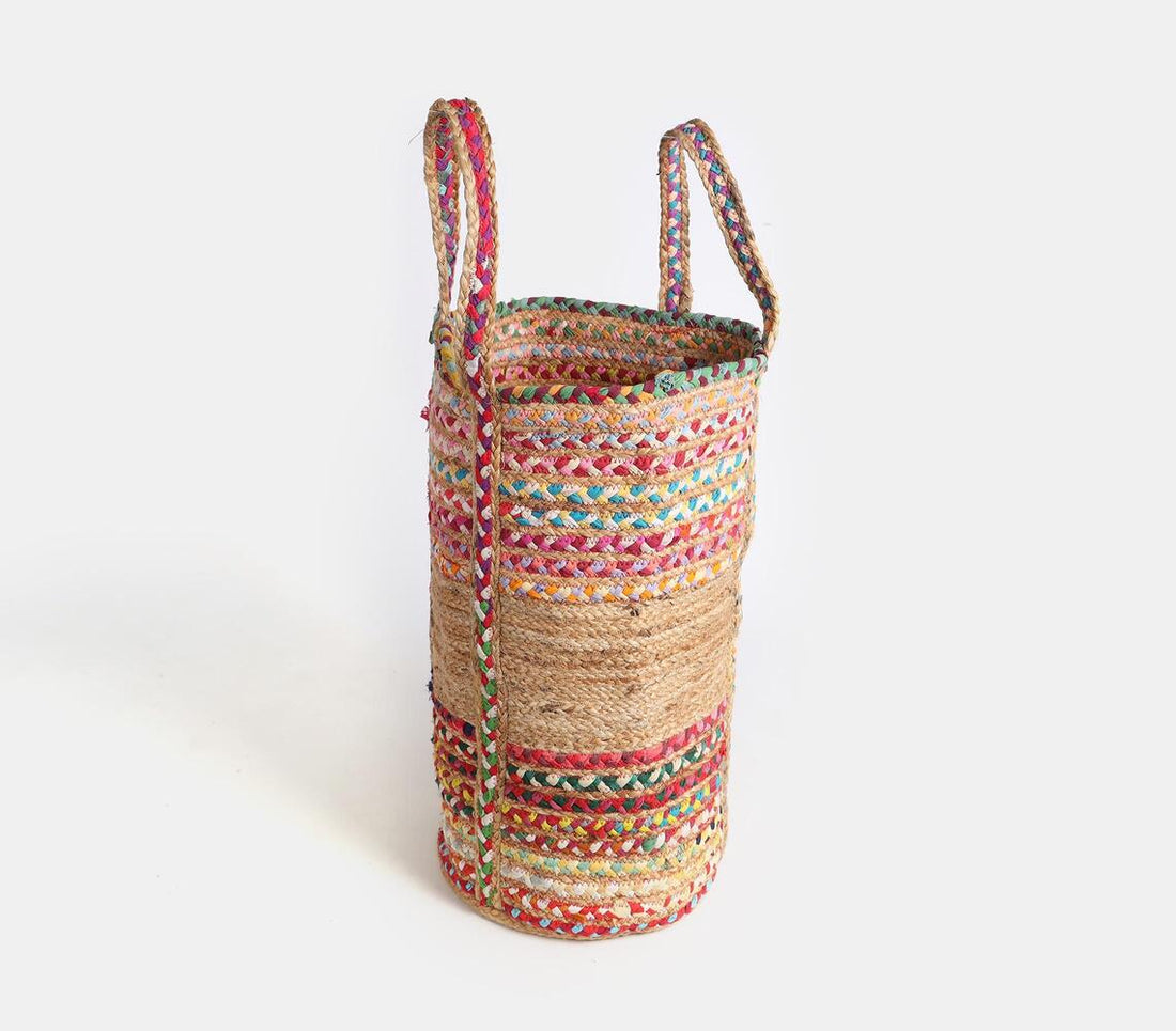 Recycled Rag And Jute Laundry Basket (Multicolor)