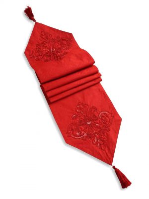 Red Table Runner With Tone On Tone Beads Sequin And Tassels