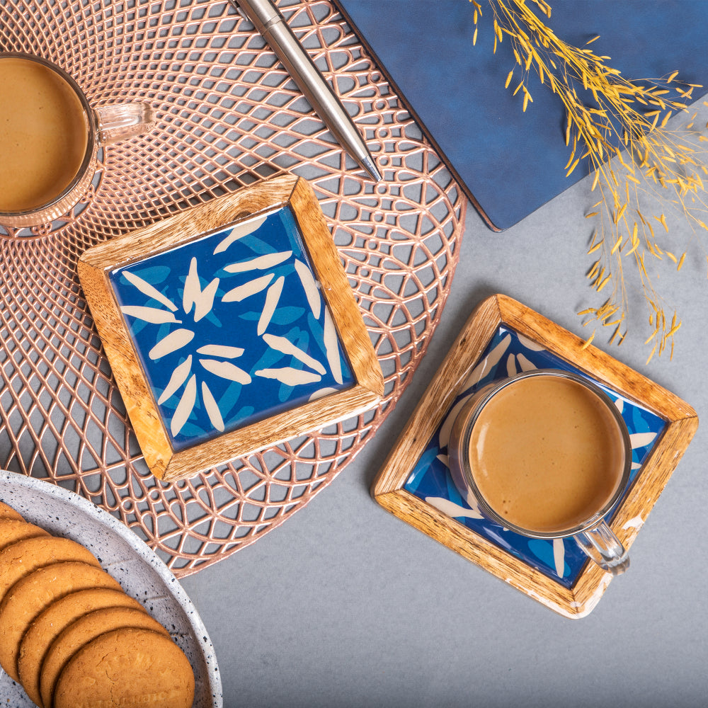 Wooden Square Indigo Coasters (Set Of Two)