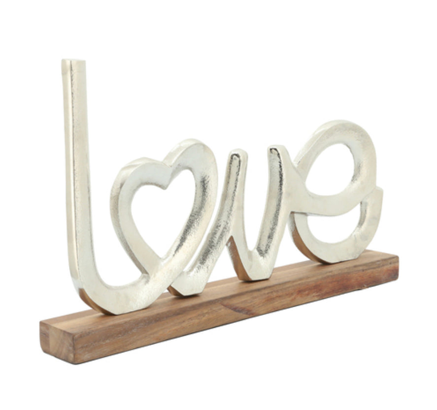 Aluminium Love Sign On Wooden Base