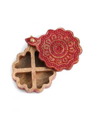 Handcarved Circular Box In Red Distress Finish