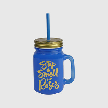 Blue Color Jar With Metal Lid And Reusable Straw - 500 Ml