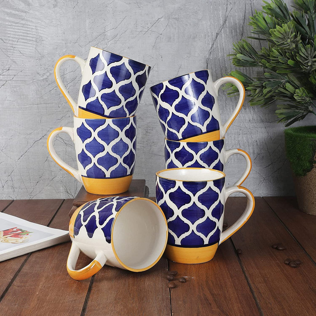 Moroccan Blue & Yellow Carpet Handcrafted Ceramic Tea- Milk & Coffee  Mug- Set Of 6- 350 Ml