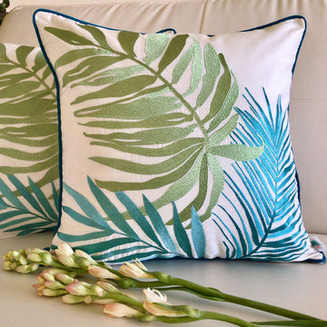 Palm Springs - Embroidered Cotton Silk Cushion Cover - Aqua Blue - Set Of 2 (large)