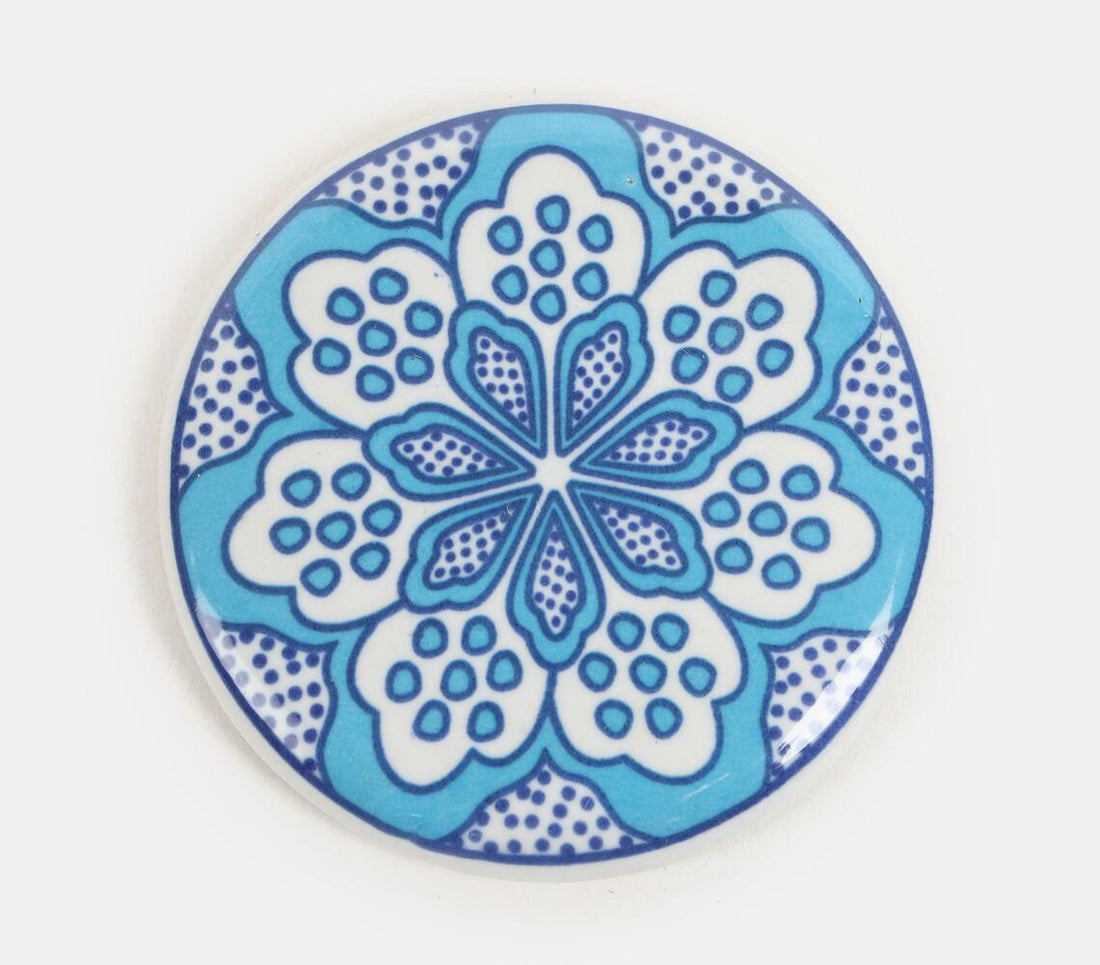 Ceramic Coaster With Cork Base Floral Design (Light Blue)- Set Of 4