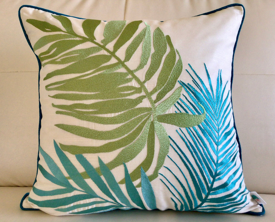 Palm Springs - Embroidered Cotton Silk Cushion Cover - Aqua Blue - Set Of 2 (large)