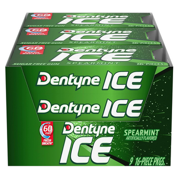 Dentyne Ice Spearmint Sugar Free Gum, 9 Packs of 16 Pieces (144 Total Pieces)