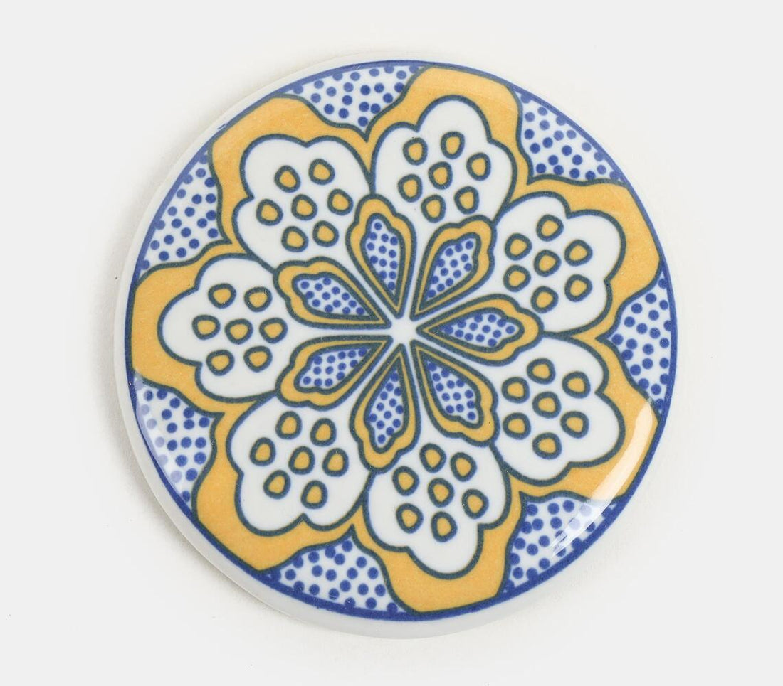 Ceramic Coaster With Cork Base Floral Design (Yellow)- Set Of 4