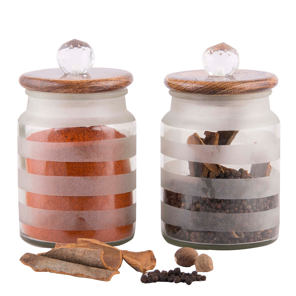 Striped Glass Jar With Wooden Lid- Set Of 2