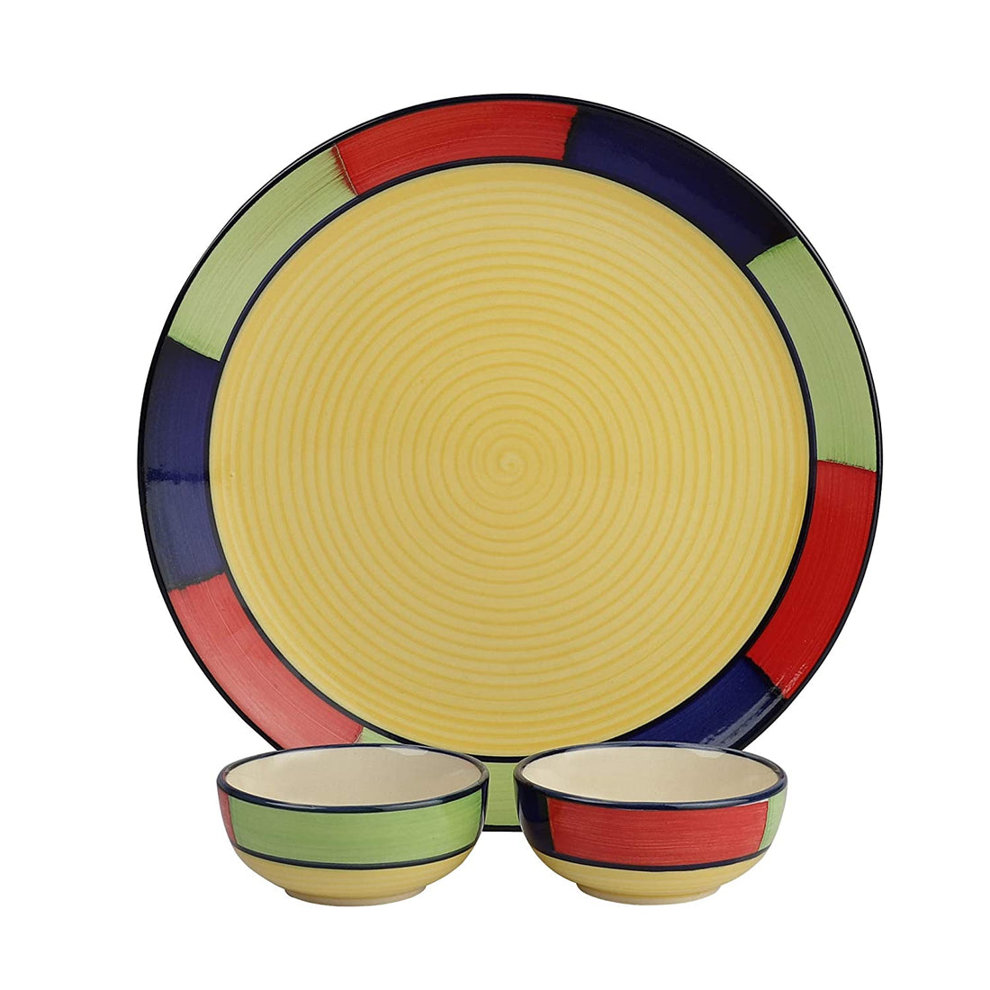 Handpainted Multicolor Ceramic Dinner Plate And Bowl Set (1 Plate- 2 Bowls)