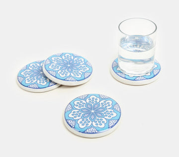 Ceramic Coaster With Cork Base Floral Design (Light Blue)- Set Of 4