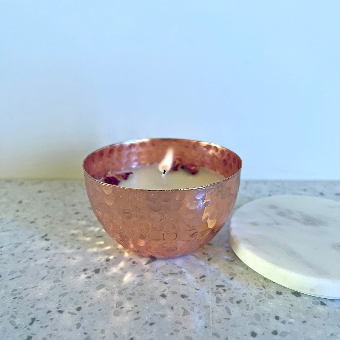 Hammered Copper Bowl Scented Candle With A Marble Lid