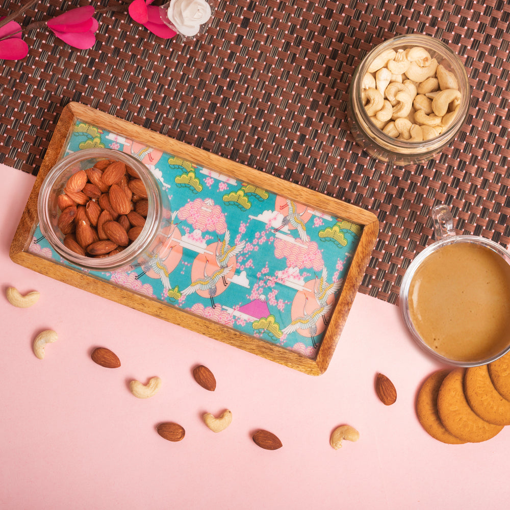 Wooden Tray With Bird Print Design