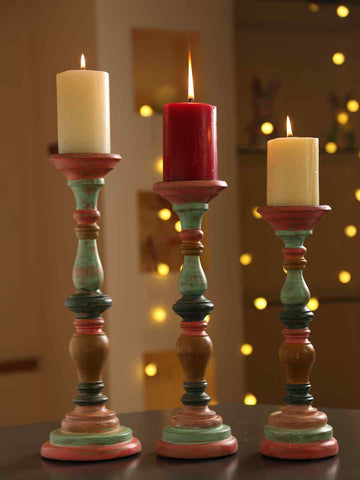 Multicolor Handcrafted Wooden Candle Holder In Distress Finish Set Of 3