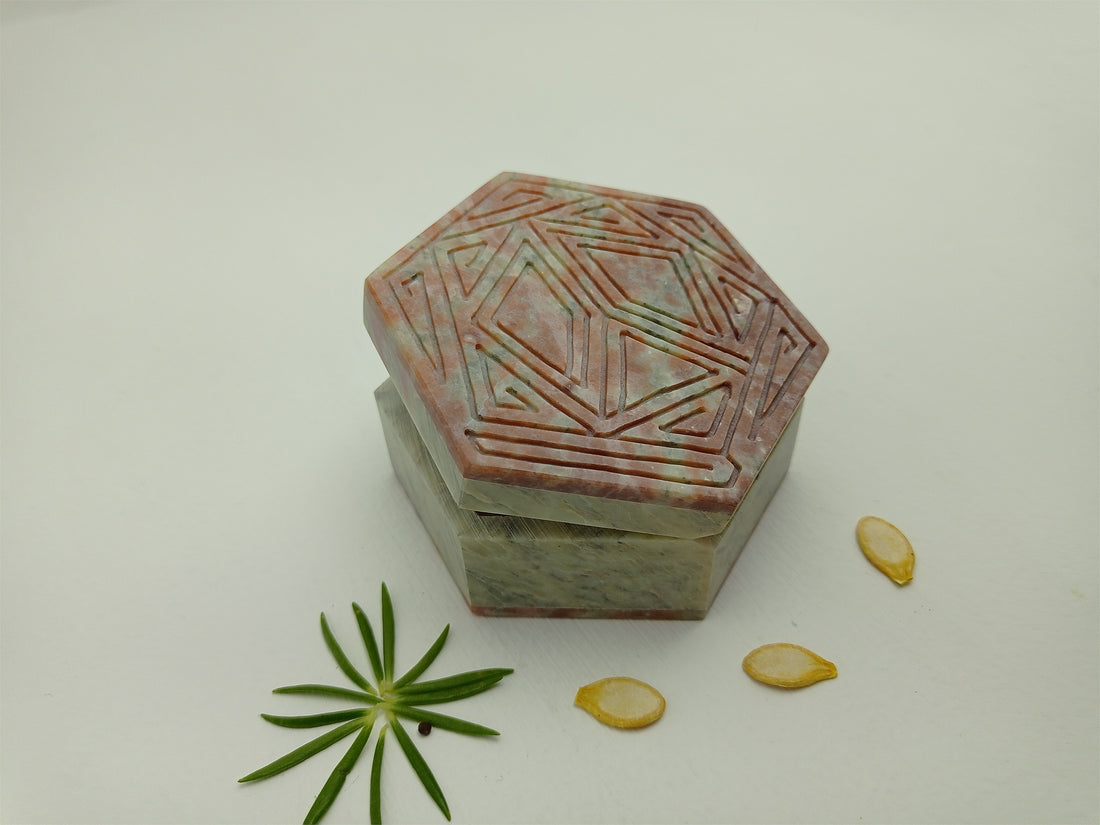 Agha  Marble Natural Multicolor Soapstone Hexagonal Line Pattern Storage And Jewellery Box