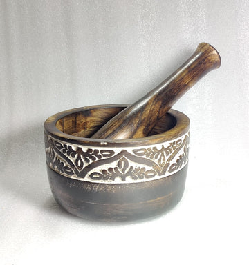 Wood Mortar And Pestle With Creative Elegance (Burnt And Distressed Finish)