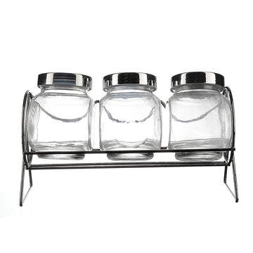 Glass Jar- Set Of 3 With Metal Stand 