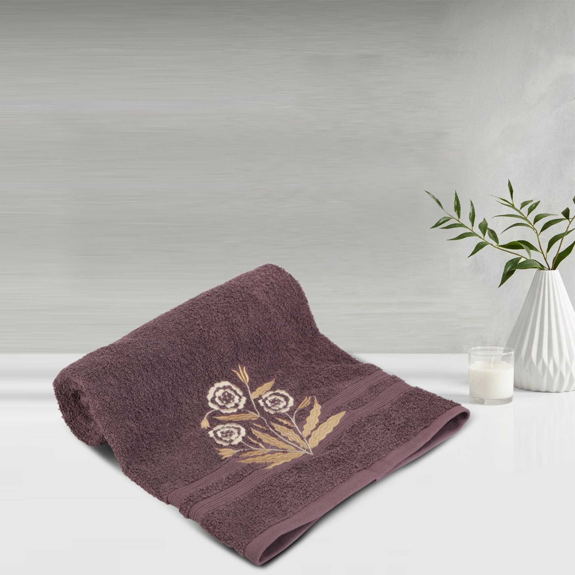 500 GSM Embroidered Bath Towel (Flower Purple)