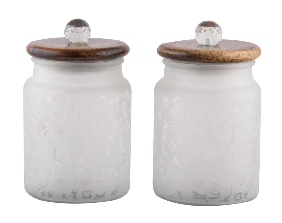 Floral Glass Jar With Wooden Lid- Set Of 2