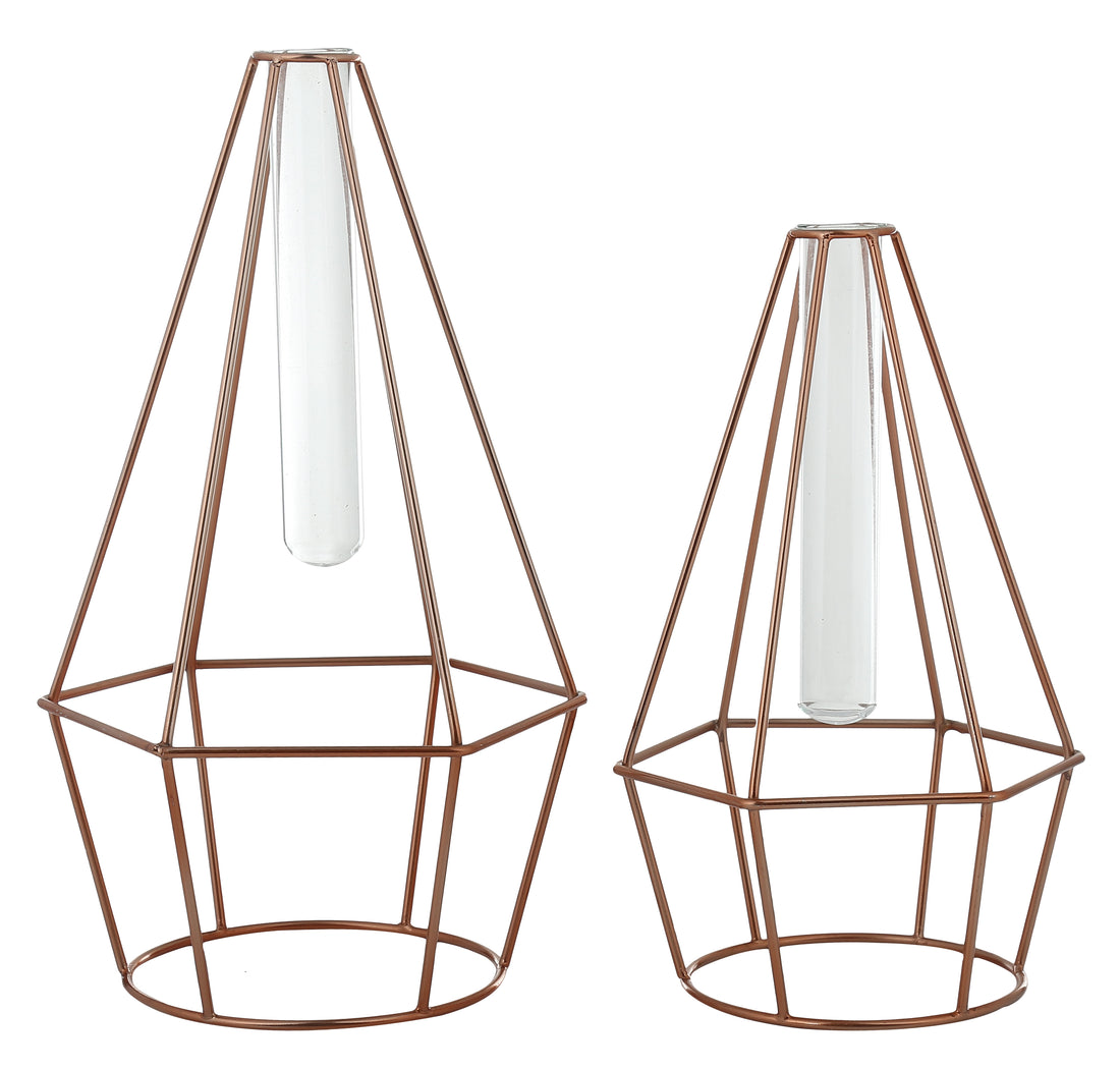 Rose Gold Prism Shaped Vase With Test Tube (set Of 2)