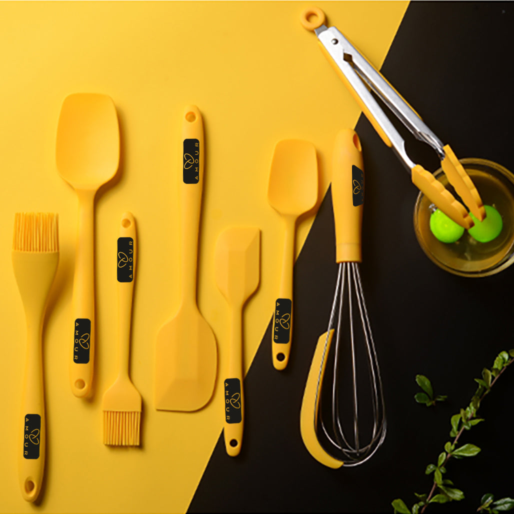 Ultra Premium Silicone Spatula 9 Pcs Set - Yellow Rubber Spatulas Heat Resistant Kitchen Utensils