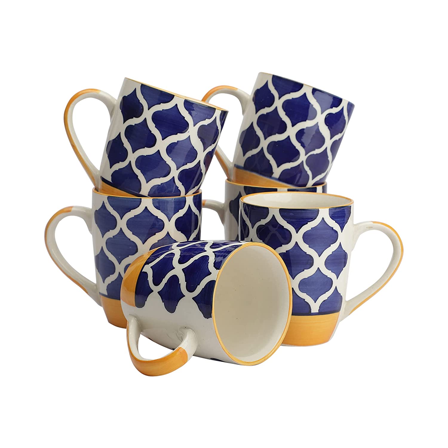 Moroccan Blue & Yellow Carpet Handcrafted Ceramic Tea- Milk & Coffee  Mug- Set Of 6- 350 Ml