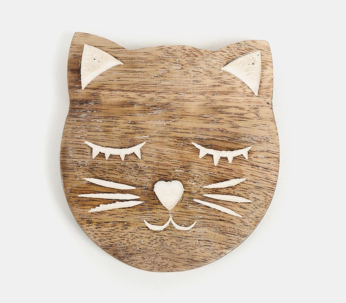 Hand Carved Cat Shaped Coaster Set