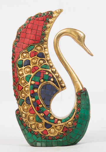 Ethnic Decor Swan Sculpture With Stonework - 10 Inch (Multicolour)