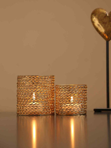 Wire Folded T Light Holders In Matt Gold Finish (set Of 2)
