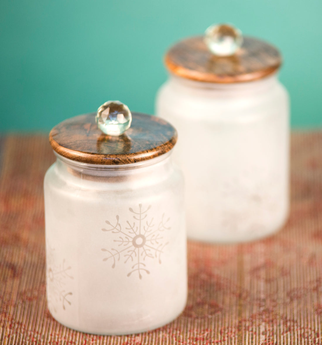 Snowflake Glass Jar With Wooden Lid- Set Of 2