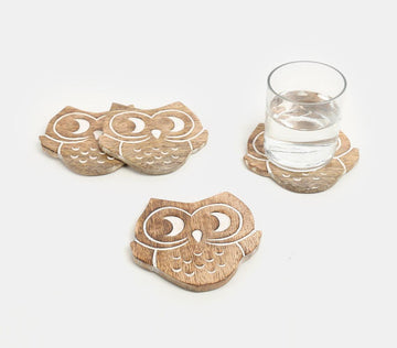 Hand Carved Owl Shaped Coaster Set