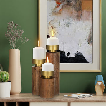 Set Of 3 Candle Holder In Wood And Metal