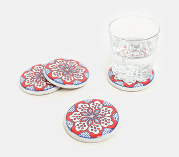 Ceramic Coaster With Cork Base Floral Design (Red)- Set Of 4