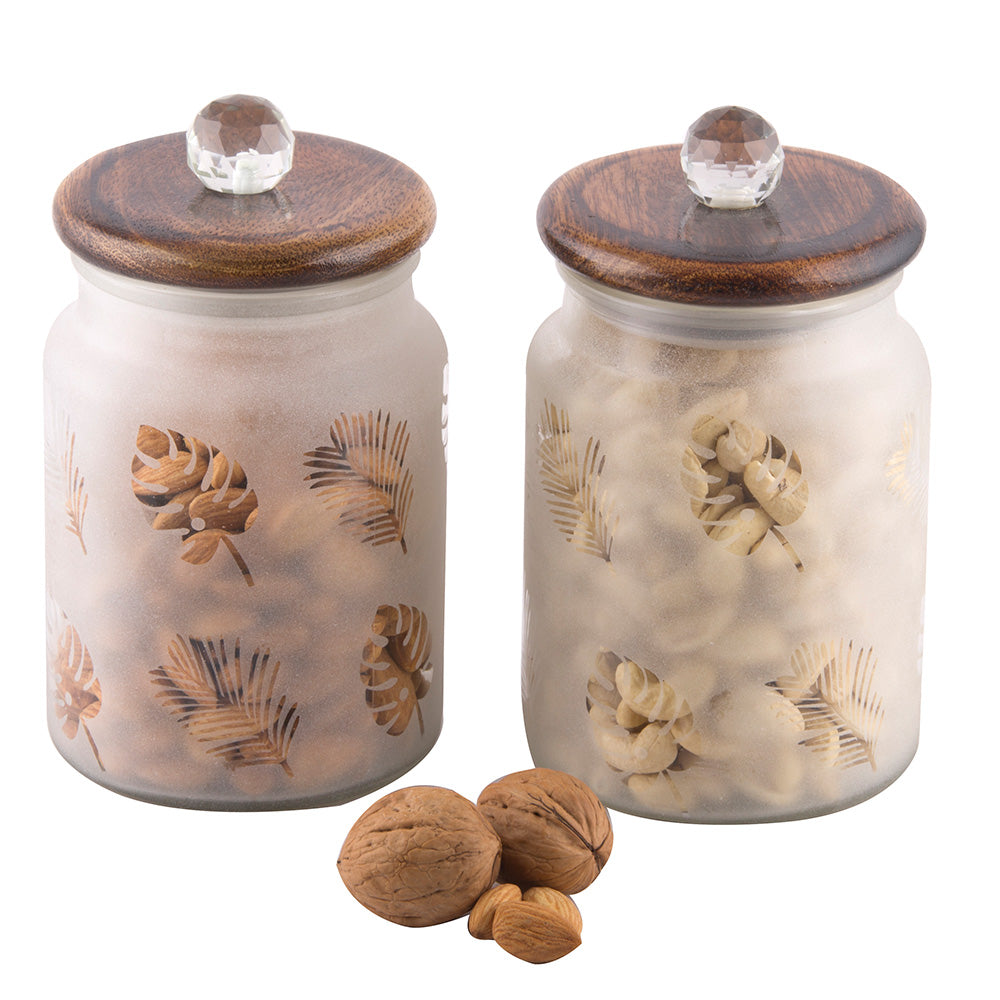 Leafy Glass Jar With Wooden Lid- Set Of 2