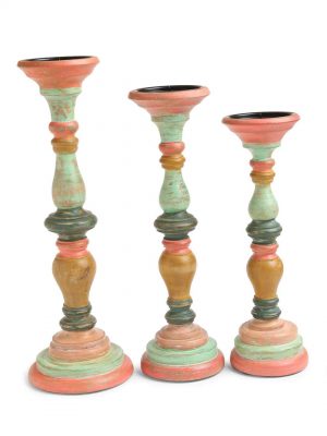 Multicolor Handcrafted Wooden Candle Holder In Distress Finish Set Of 3