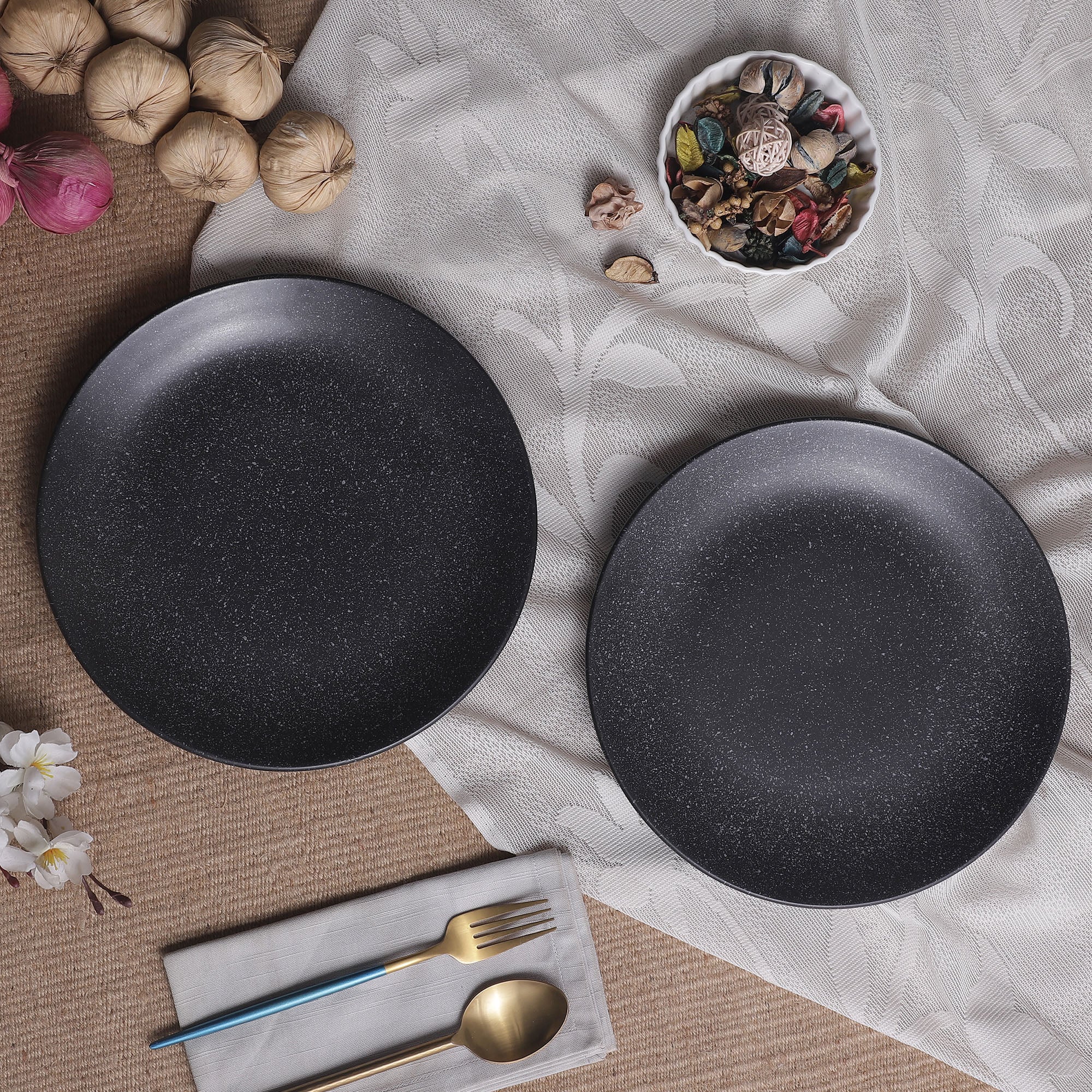 Handpainted Ceramic Glossy Black Plates - Set Of 2