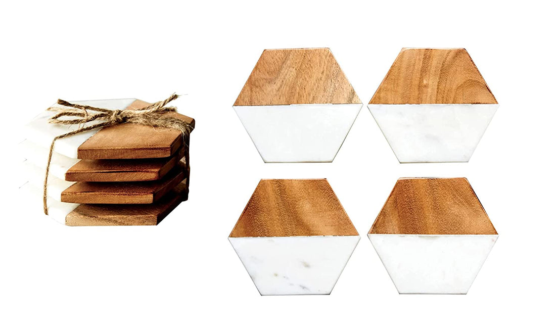 Acacia Wood Marble Coasters Set