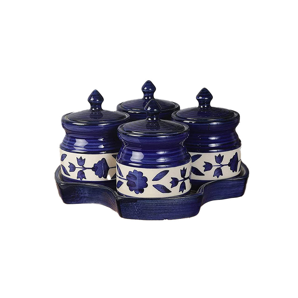 Blue Ceramic Handcrafted Multipurpose Dining Table Top Pickle Jar Storage Container With Tray