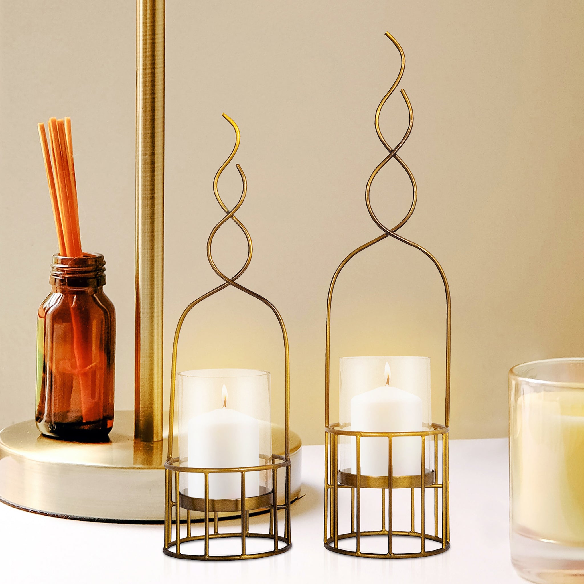 Candle Stand Basket Pair - Golden