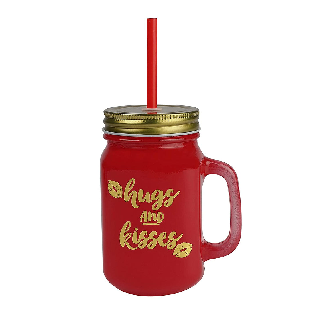 Red Color Jar With Metal Lid And Reusable Straw- 500 Ml