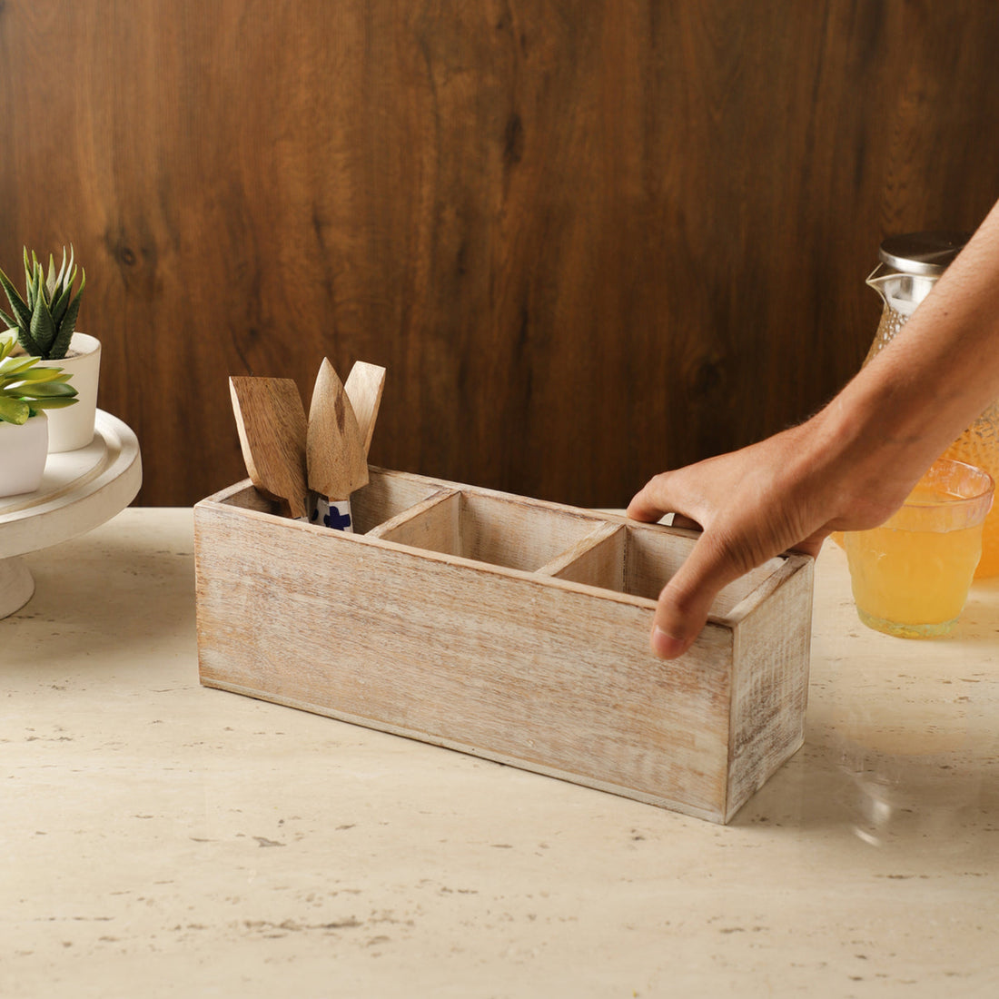 Wooden Cutlery Caddy  Distressed White