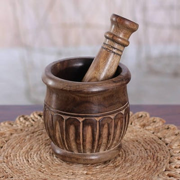 Hand Carved Wood Mortar And Pestle With Burnt Finished (Aesthetic Essence)
