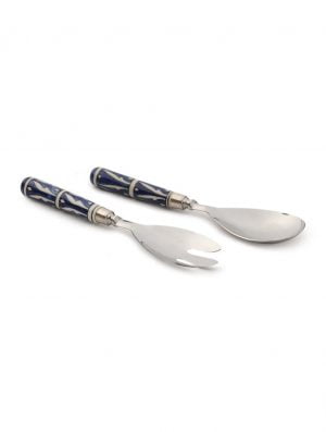 Stainless Steel Salad Server Set With Blue Ceramic Handle